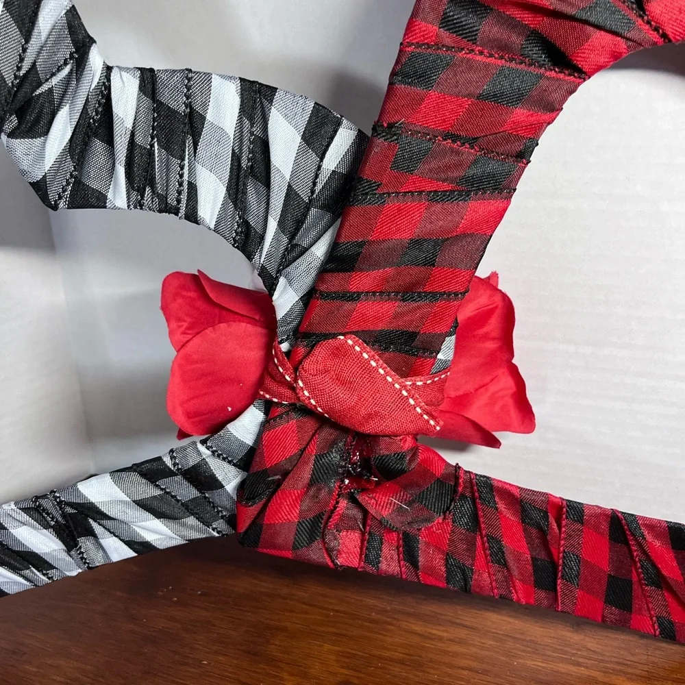 Large 24” Gingham Ribbon Wrapped Double Heart Wreath Decor Lumberjack